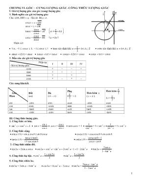 Đề cương Đại số 10 - Chương VI Góc  cung lượng giác. Công thức lượng giác